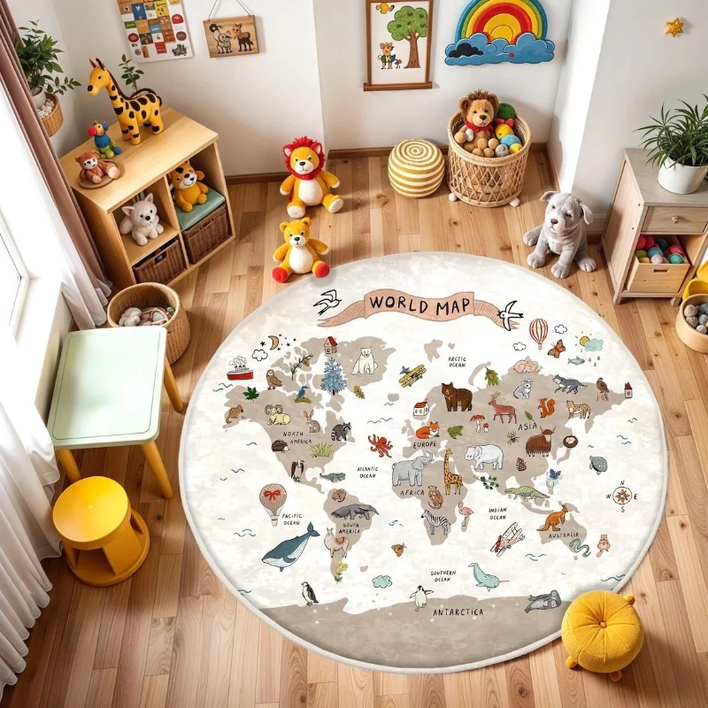 Commercial Printing Format - Speelronde vloermat Dierenwereldkaart Gedrukt tapijt Slaapkamer