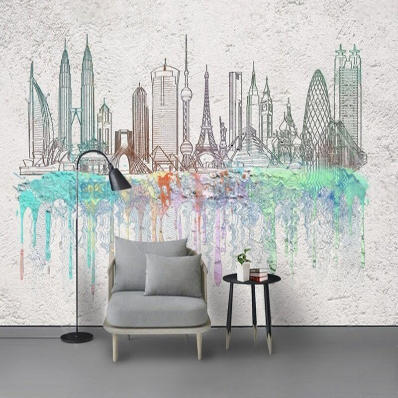 Commercial Wallpaper Printing - Moderne aquarel stadssilhouetten inktwas decoratie commerciële
